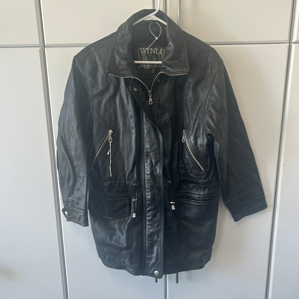 Winlit New York Mens Black Leather Parka Jacket Drawstring Waist Quilted Lining